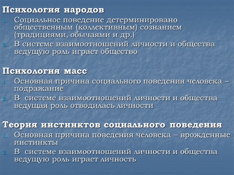 Психология народов Социальное поведение детерминировано общественным (коллективным) сознанием (традициями, обычаями и др.)  В